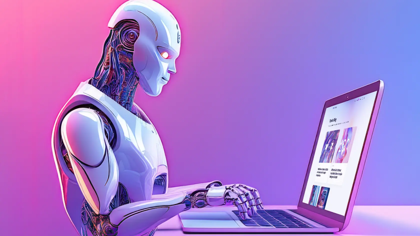 ai robot creating website on laptop