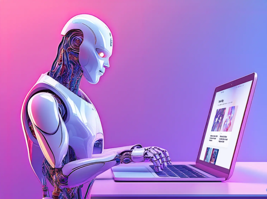 ai robot creating website on laptop